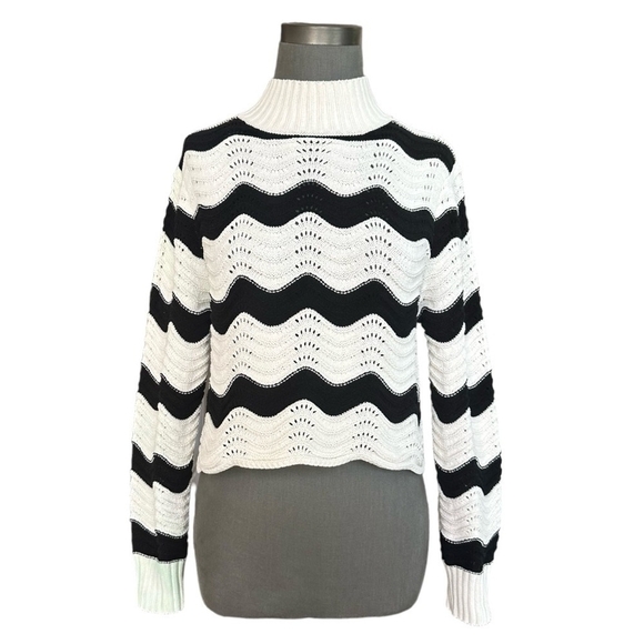 Women’s Sweater ZARA Funnel Neck Black White Zig Zag Stripe Long Sleeve Crop Top - Picture 3 of 8
